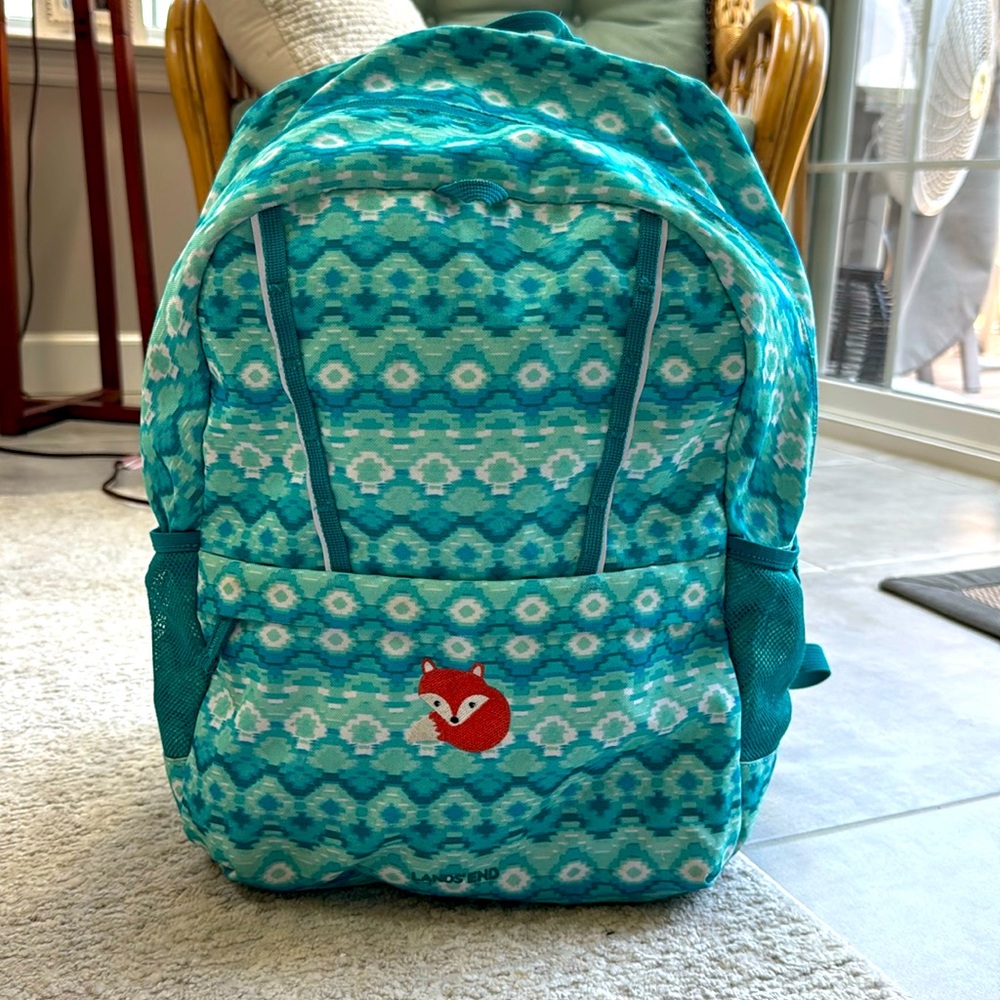 Gently Used- Lands' End Classmate Girls Turquoise Patterned Embroidered Backpack